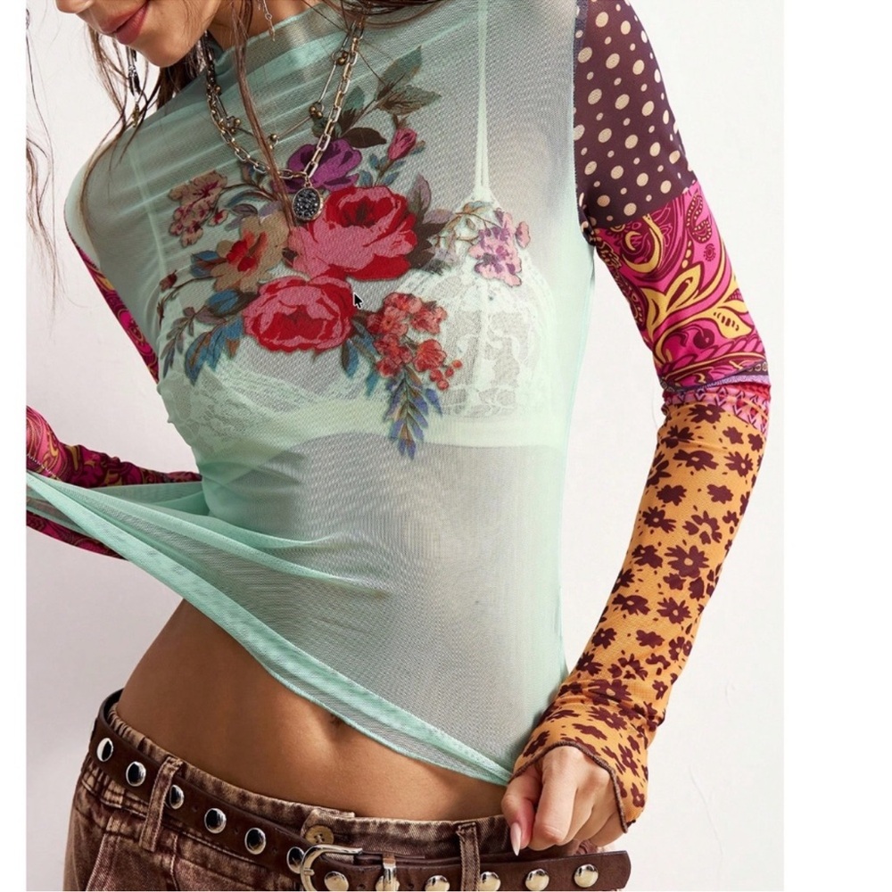 Bohemian Floral Polka Dot Semi Sheer Fitted Long Sleeve Top S M L XL XXL